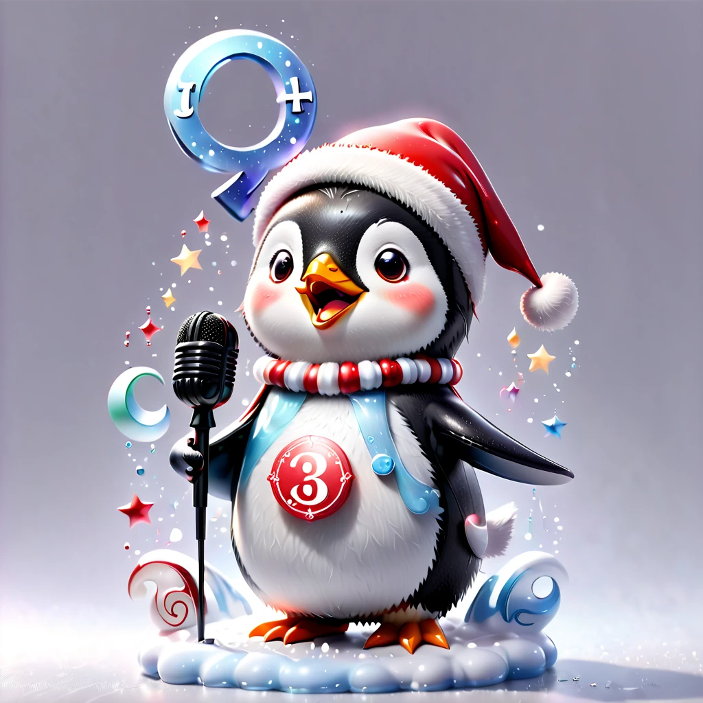 chalk gray style, ((1 glowing magical cute penguin wearing a Santa hat)),((Singing with a microphone)), (((Many syllable symbols are floating in the air))),Christmas elements,Snowy days,8K,Irridescent color, kawaii, cute big breasts, number art, high qulity, The is very detailed, 3Drenderingof,vivd colour,Minimalist style,Disney style,translucent