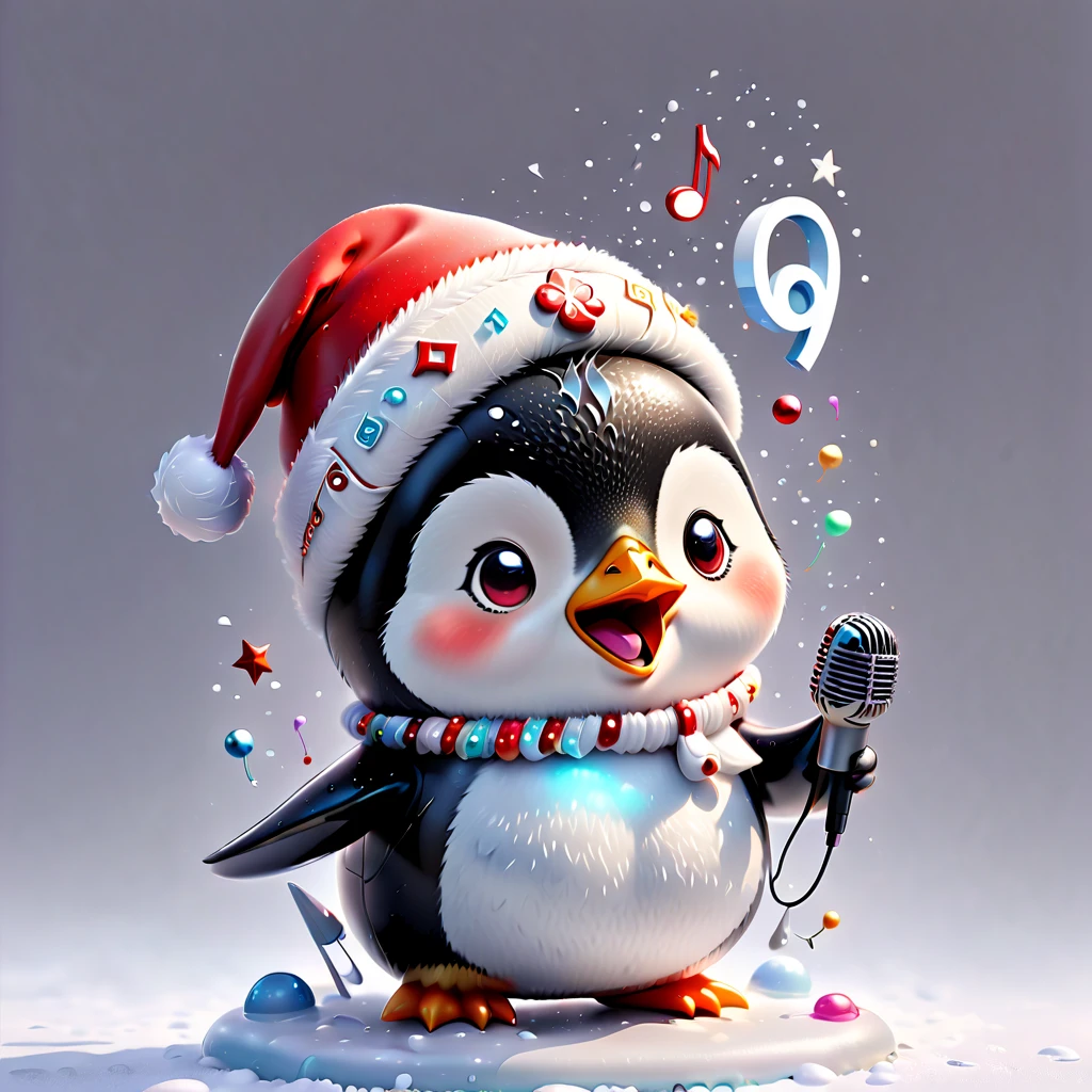 chalk gray style, ((1 glowing magical cute penguin wearing a Santa hat))，((Singing with a microphone)), (((Many syllable symbols are floating in the air)))，Christmas elements，Snowy days，8K,Irridescent color, kawaii, cute big breasts, number art, high qulity, The is very detailed, 3Drenderingof，vivd colour，Minimalist style，Disney  style，translucent