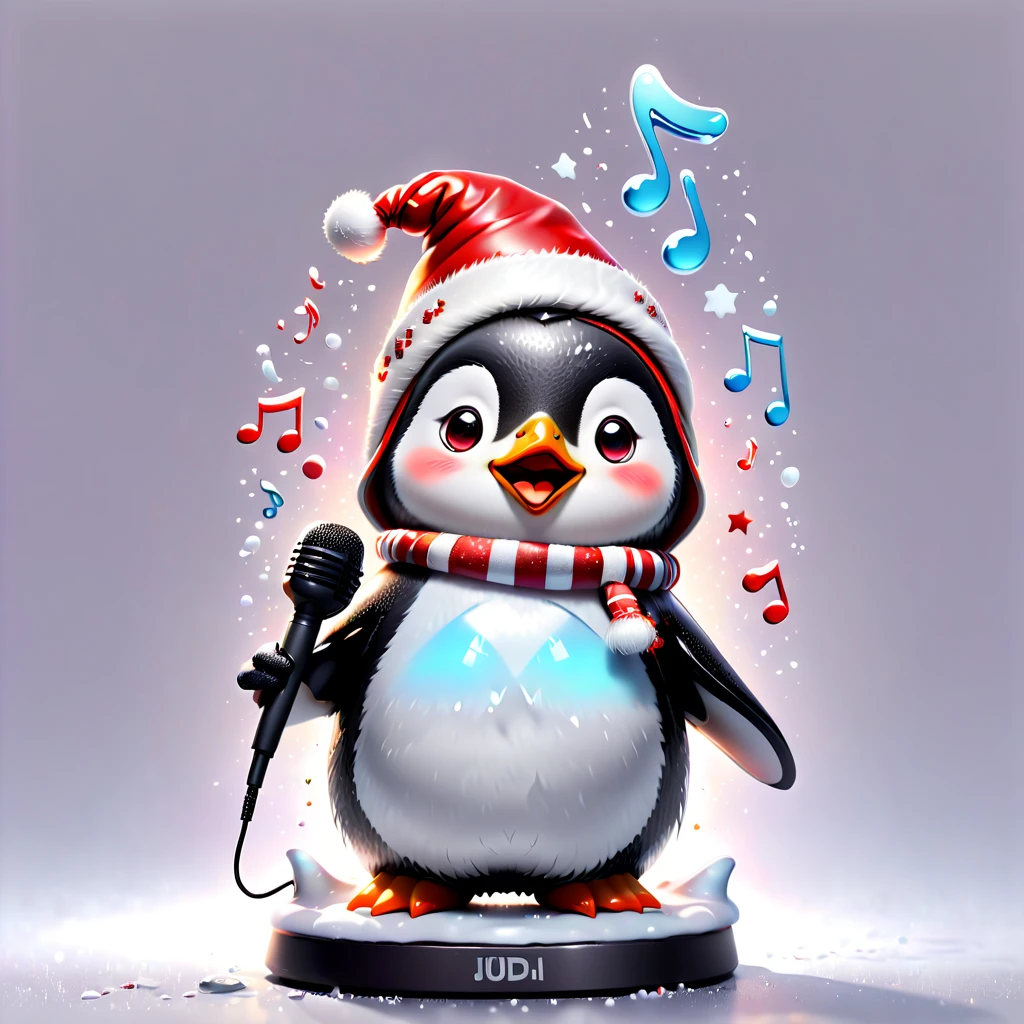 chalk gray style, ((1 glowing magical cute penguin wearing a Santa hat))，((Singing with a microphone)), (((Many syllable symbols are floating in the air)))，Christmas elements，Snowy days，8K,Irridescent color, kawaii, cute big breasts, number art, high qulity, The is very detailed, 3Drenderingof，vivd colour，Minimalist style，Disney  style，translucent