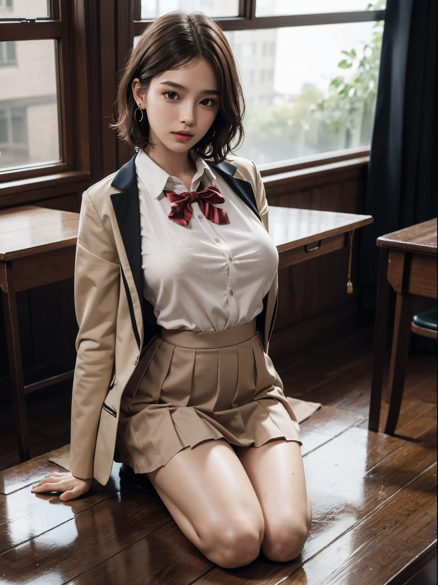 absurdres, RAW photo, extremely delicate and beautiful, masterpiece, Best Quality, ultra high resolution, 16k, hyperrealistic, ultra-detailed, perfect anatomy, super Detailed skin, perfect figure, Very detailed CG 8k wallpaper, in her 20s, very Slim body, narrow waist, very small head, very small face, delicate facial features, tearful mole, earring, thin legs, (very huge round breasts), ((full body shot)), short hair, (wavy hair), light brown hair, 1 girls, ((sweat)), (((school uniform))), (blazer),
