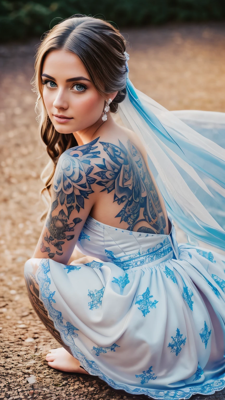 Hyper realistic and detailed full body photo of tattooed beautiful woman looks directly at the camera wearing a Princess dress. Winter. sun is shining. Perfect butt. Sharp light. perfect eyes, (Eye makeup:1.1), (highly detailed skin:1.1), RAW, analog style, sharp focus, 8k UHD, DSLR, high quality, Fujifilm XT3, grain, award winning, masterpiece.