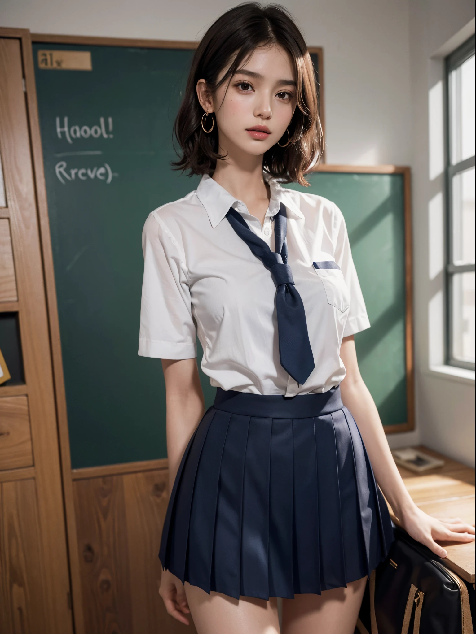 absurdres, RAW photo, extremely delicate and beautiful, masterpiece, Best Quality, ultra high resolution, 16k, hyperrealistic, ultra-detailed, perfect anatomy, super Detailed skin, perfect figure, Very detailed CG 8k wallpaper, in her 20s, very Slim body, narrow waist, very small head, very small face, delicate facial features, tearful mole, earring, thin legs, (very huge round breasts), ((full body shot)), short hair, (wavy hair), light brown hair, 1 girls, ((sweat)), (((school uniform))),