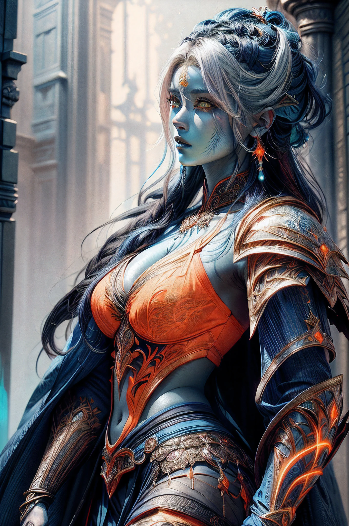 fantasy art, dnd art, RPG art, drkfntasy wide shot, (masterpiece: 1.4) portrait, intense details, highly detailed, photorealistic, best quality, highres, portrait a vedalken female (fantasy art, Masterpiece, best quality: 1.3) (blue colored skin: 1.3), intense details facial details, exquisite beauty, (fantasy art, Masterpiece, best quality)cleric, (blue colored skin: 1.3) 1person blue_skin, (white hair: 1.3), long hair, intense green eye, fantasy art, Masterpiece, best quality) armed a fiery sword red fire, wearing heavy (white: 1.3) half plate mail armor LnF wearing high heeled laced boots, wearing an(orange :1.3) cloak, wearing glowing holy symbol GlowingRunes_yellow, within fantasy temple background, reflection light, high details, best quality, 16k, [ultra detailed], masterpiece, best quality, (extremely detailed), close up, ultra wide shot, photorealistic, RAW, fantasy art, dnd art, fantasy art, realistic art