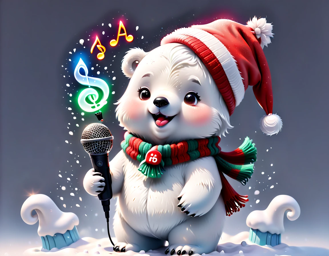 chalk gray style, ((1 glowing magical cute polar bear wearing a Christmas hat and scarf)),((Singing with a microphone)), (((Many syllable symbols are floating in the air))),Christmas elements,Snowy days,8K,Irridescent color, kawaii, cute big breasts, number art, high qulity, The is very detailed, 3Drenderingof,vivd colour,Minimalist style,Disney style,translucent