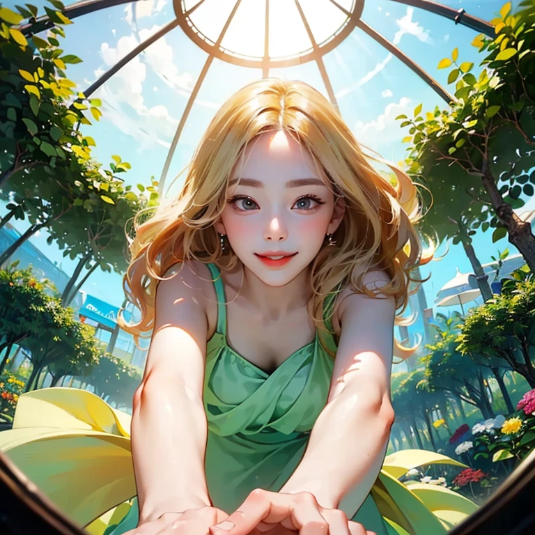 ( Masterpiece, best quality , shot from below , 75mm lens, fisheye:1.2 ), ((pov from below:1.4)), (( beautiful, luxurious, greenhouse dome:1.5, glass panels, plants of colours, vibrant , extreme high detailed, intricate details )). ( 1woman_/(kimtaeyeon/), narrow face, strong jaw, [plump cheeks], transparent glasses, dark hair with blonde highlights, loving smile, beautiful eyes, caring smile, wearing beach summer ootd ), ( cinematic lighting, backlit, soft light)