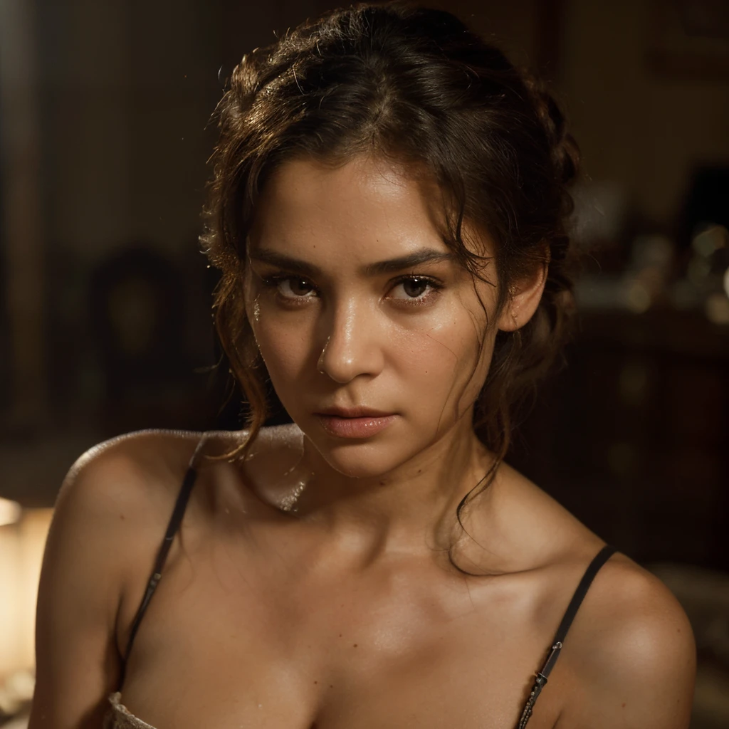 8k, top quality, masterpiece:1.2), (realistic, photo-realistic:1.37), top quality, masterpiece, beautiful horny woman, pensive facial expression, thoughtful look, elegantly dressed, hair tied back, messy mood, cinematic backdrop, tired, light skin tone