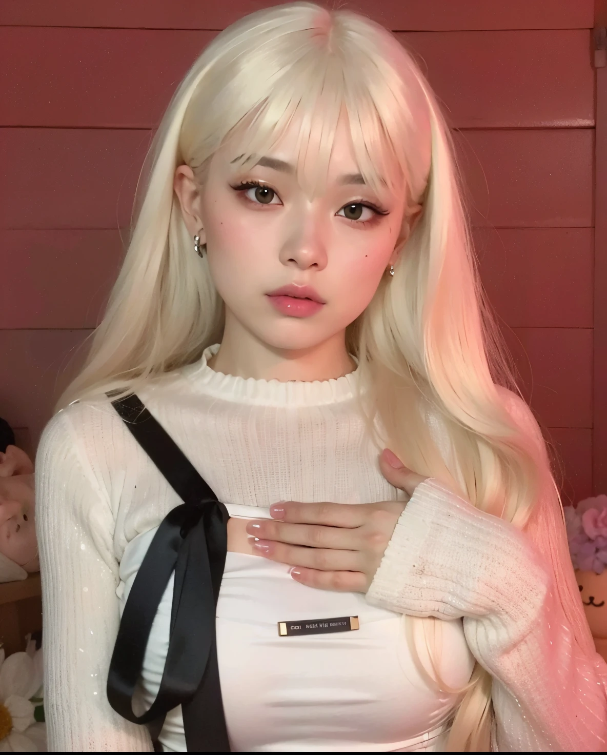 um close up de uma pessoa com cabelos compridos vestindo uma camisa branca, branco hime corte penteado, her hair is white, very very pale blond hair, com cabelos longos brancos, extremely pale blond hair, Ulzzang, longos cabelos brancos e franja, cruel korean goth girl, com longos cabelos brancos, pale porcelain white skin, Retrato de Jossi de Blackpink