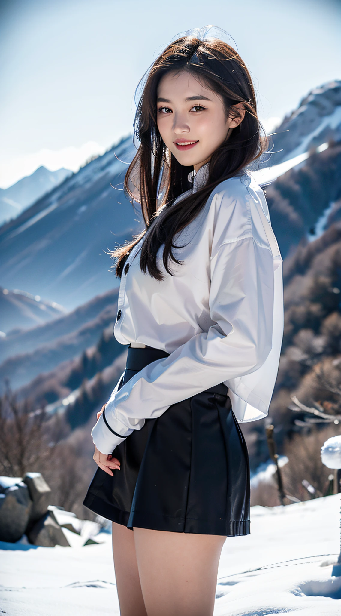 (tmasterpiece, top-quality, Best quality at best, Beautiful and beautiful:1.2), (1female), confident smile, extremely detaile, Wear a short skirt,(looking at viewert:1.3), Jade Dragon Snow Mountain in Dali, Yunnan,The most detailed, Elegant, gracefulness, Amazing