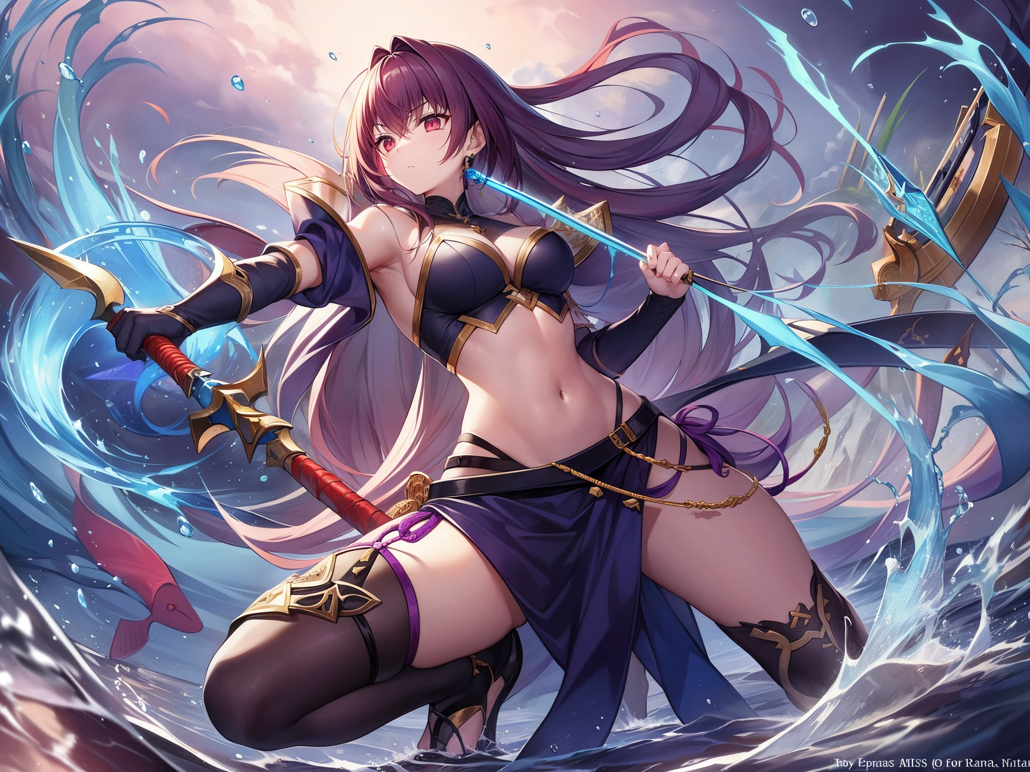Masterpiece、top-quality、detaileds、Celtic tribes、cuchulainn、A spear that appears in Celtic folklore。 The owner is Cú Chulainn, a descendant of the light god Lugh and the greatest hero of Celtic folklore.。 With a spear given to him by his martial arts master, the witch Scathach.、It has a unique saw-shaped tip with lightning-like notches.。 Its size is also quite large.、It's about the same height as Furin when he became a berserker and his body swelled up.、It is said that it took five servants to carry it.。 This tip is made from the bones of a monster fish.、When you throw(There is also a theory that it is launched with the feet.)Becomes 30 arrowheads and rains down on the opponent.、When stabbed, it turns into a brutal strategic weapon that explodes as 30 thorns inside the opponent's body.。Depending on the legend, a curse may be given that nullifies healing.、It has terrifying effects such as defense penetration.。 Perhaps because of his origins, he has strong water attributes.、Good at fighting in shallow water and underwater。Depending on the document, it may be stated that the device cannot be used unless it is submerged in water up to the waist.。 Although it is generally considered to be the name of a spear,、Depending on the translator, it is not the spear itself.、It is sometimes interpreted as a throwing technique using a spear.。The name is「bag of spears」means、Probably a bag、「stomach」It seems to refer to organs like。 Ferdia, who knew about this spear, said:、This spear attack"attack from below"and、I keep my shield down to be wary of the spear coming down.。 Creed and Coinhen Sea monsters that appear in Celtic mythology(Strange fish)で、They killed each other in the Red Sea.、One of these, Creed's skull, washed up in Ireland.、It is said that he was processed by a warrior named Borg MacBain and became Gae Bolg.。