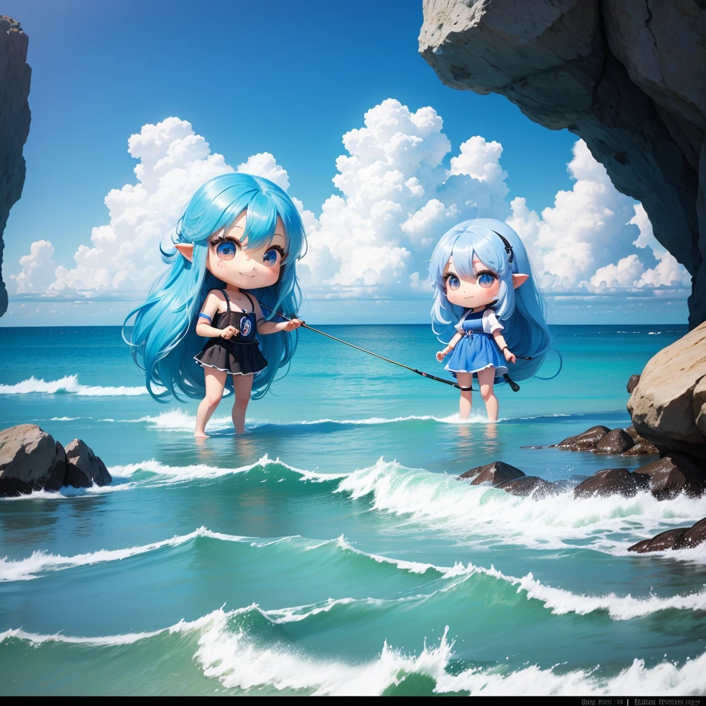 Chibi character long hair blue hair ((chibi character)), chibi character girl, fishing on the beach, very blue sky, full body esbian, pastel hair, smile, top quality.