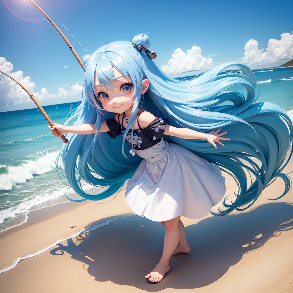 Chibi character long hair blue hair ((chibi character)), chibi character girl, fishing on the beach, very blue sky, full body esbian, pastel hair, smile, top quality.