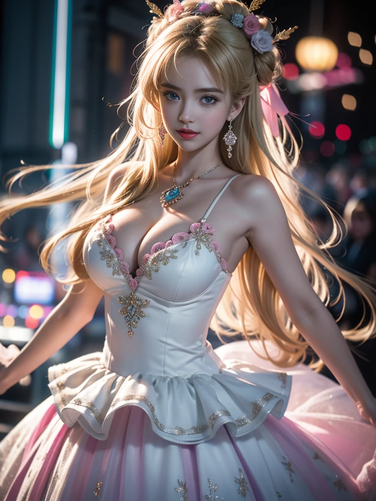 tmasterpiece,Highest image quality,super detailing,Best quality at best ,Extremely Delicately Beautiful, Very meticulous,Best quality at best, offcial art, extremely detaild的 CG unified 8k wallpapers, Ana de Armas portrait photo, blond hair blue eyes,Radiant skin and radiant eyes:1.1), pretty skin, lamplight, (Detailed lighting:1.2), (Beautiful and detailed light:1.3), beautiful wedding dress, deep understanding, The beautiful, iintricate, digitial painting, smooth private parts, Focus sharp, The end of the world, Epic reality, (HighDynamicRange:1.4), captivating curves,(pastel colour:1.4), Bigchest,(The most beautiful look),apocalyptic,(The best look,), giving up, com cores neutras, natta, Screen space refraction, (Complicated details, ultra - detailed:1.3), (The sexiest look,),art stations, Cinema lenses, vignet, the complex background, buliding,Enchanted smile,detailed back ground,Dream catcher earrings in various colors,white colors,in pink,purpleish color,red colour,blue colors,orange colors,green color,Cyan lacks color,),No shoulder strap,blossom print,