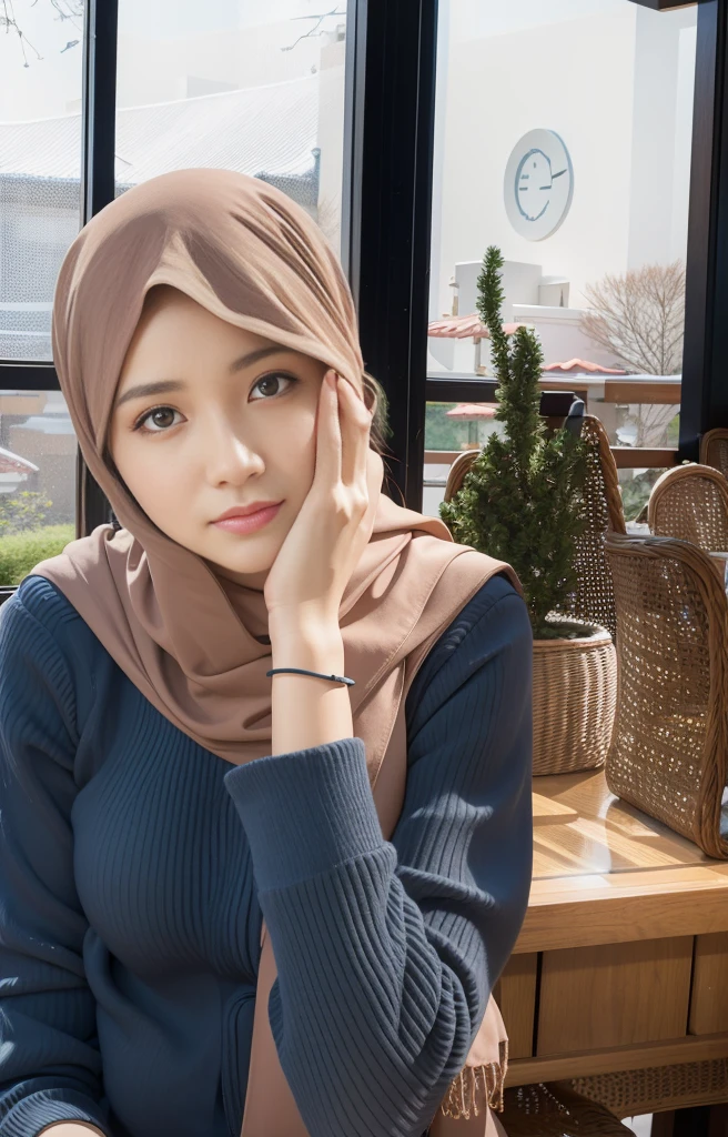beautiful woman wearing a brown hijab in the background in a cafe near the window taken with a canon camera