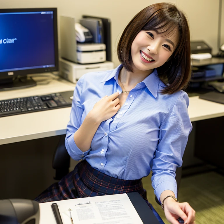 working at a desk at a computer、Cute Japan woman with a smile。With bob hair、Wearing office casual clothes such as blouses and skirts。Breasts are big