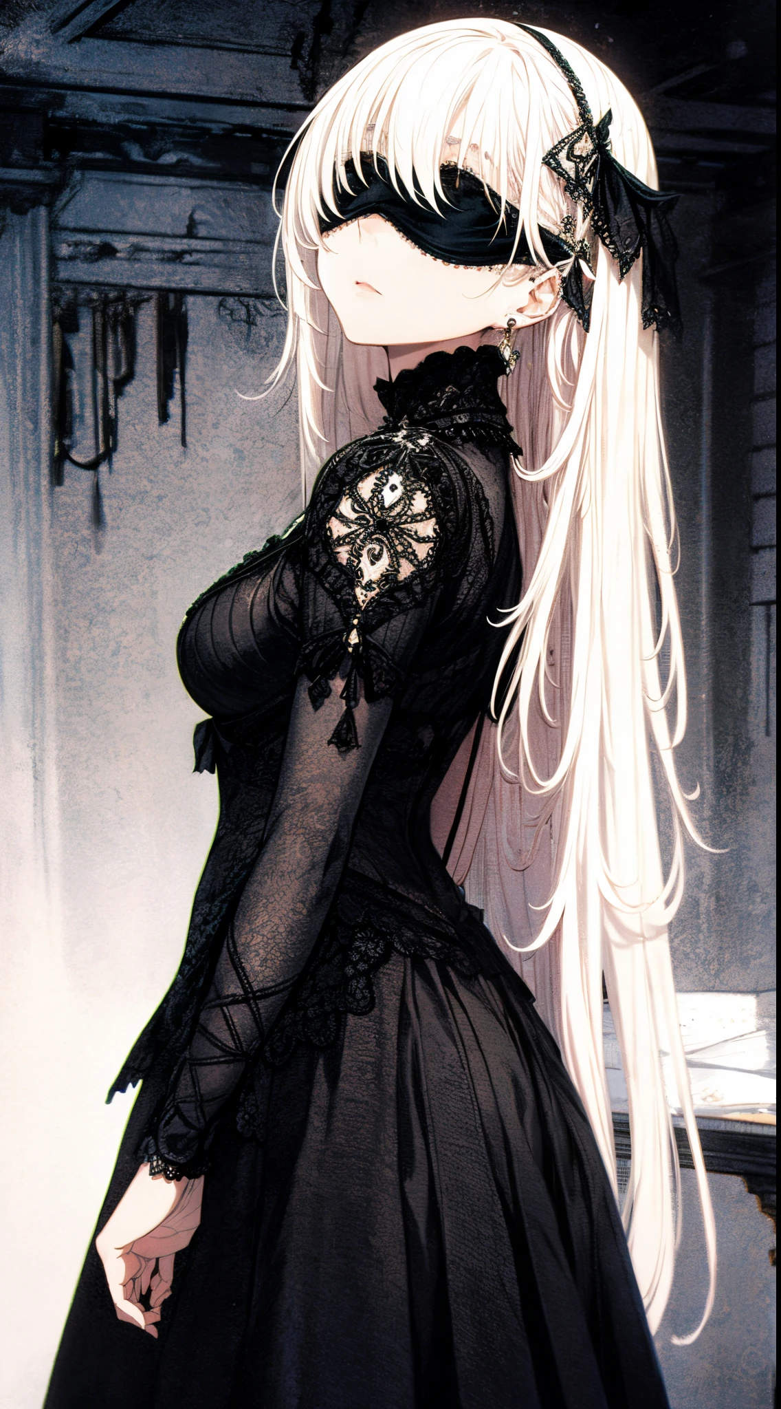 Base Layer: Creepy basement with a very complex fractal background based on mysterious symbolism, BREAK Middle Layer: A girl wearing a pure white gothic dress covered in blood, with super long blonde hair and blunt bangs, BREAK Foreground Layer: Blindfolded with a black obihiro, BREAK Effect Layer: Emphasis on the mysterious and eerie atmosphere, BREAK Final Touches: Enhance the gothic, creepy vibe with subtle lighting and shadow effects.