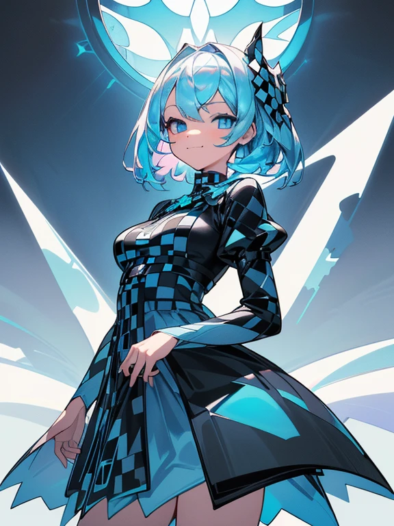 ((​masterpiece、top-quality:1.5、a high chroma:1.5、ultra-detailliert、high-resolution illustrations:1.5、Ultra-high-definition CG、8k size wallpaper、offcial art))、,(highly colorful:1.5),(front view:1.8),(1girl),(Cute little girl s:1.5)、(Shining blue eyes:1.5),(Beautiful face:1.5,Beautiful eyes:1.5)、(close to viewer:1.5),(sit),
(forced smile:1.3)、(sexy body),(black and white checkered dress:1.5), (Beautiful black and white dress in every detail),(high heel boots),(medium breasts:1.5),,(Shining blue eyes:1.8)、(cowboy shot:1.5)、(),colourful dress ,Fantasy,​​colourfull、
