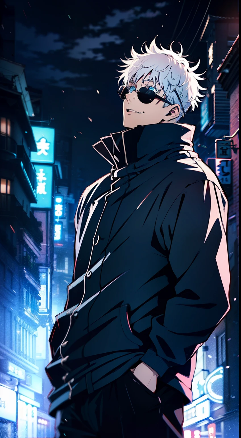 epic composition, city ​​street, Japan, deserted street, the night, flashing in the background, Red and blue color, (tmasterpiece, beste-Qualit: 1.2), male focus, 1boy, Gojo Satoru, round eyewear, Sunglasses, hands in pocket, blindfold, black jacket, (Masterpiece:1.3),(Best Quality:1.2),8K,absurdress,Unity 8K WallPapper,(Extremely detailed:1.3),supreme, hight resolution, Amazing, illustartion, Beautiful studio soft light, Stunningly beautiful, incredibly absurdres, Vivid details, Cinematic lighting, moody lighting, pixiv, Award-winning, Professional, Highly detailed, Gojo1, inform, looking a viewer, Smile, Short hair, 1boy, Standing, jacket, white colored hair, male focus,spiked hair, facing viewer, (red background:1.1), high collar, blindfold, (Magic:1.3), (aura:1.3),