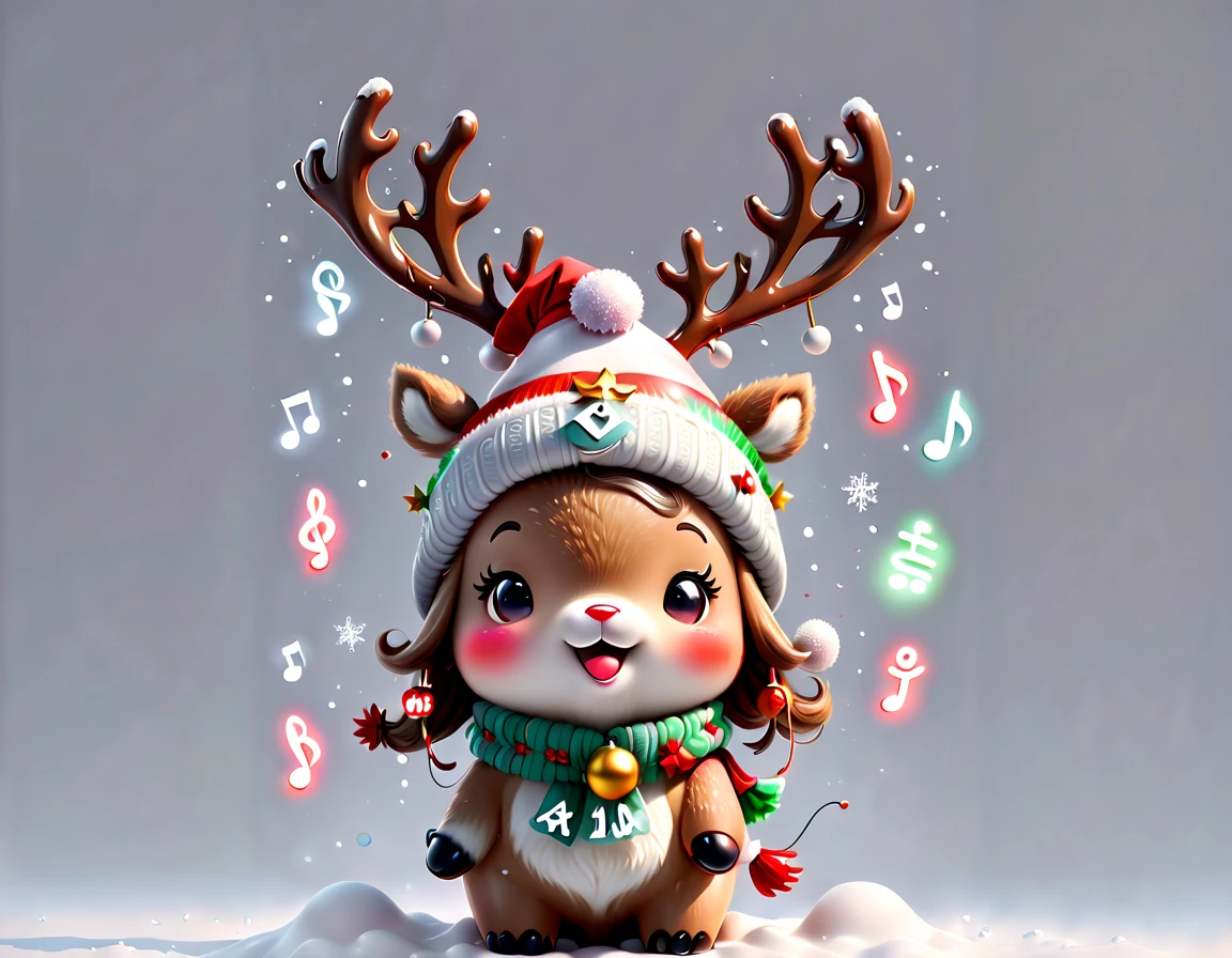 chalk gray style, ((1 glowing magical cute reindeer wearing a Christmas hat and scarf))，((Singing with a microphone)), (((Many syllable symbols are floating in the air)))，Christmas elements，Snowy days，8K,Irridescent color, kawaii, cute big breasts, number art, high qulity, The is very detailed, 3Drenderingof，vivd colour，Minimalist style，Disney  style，translucent