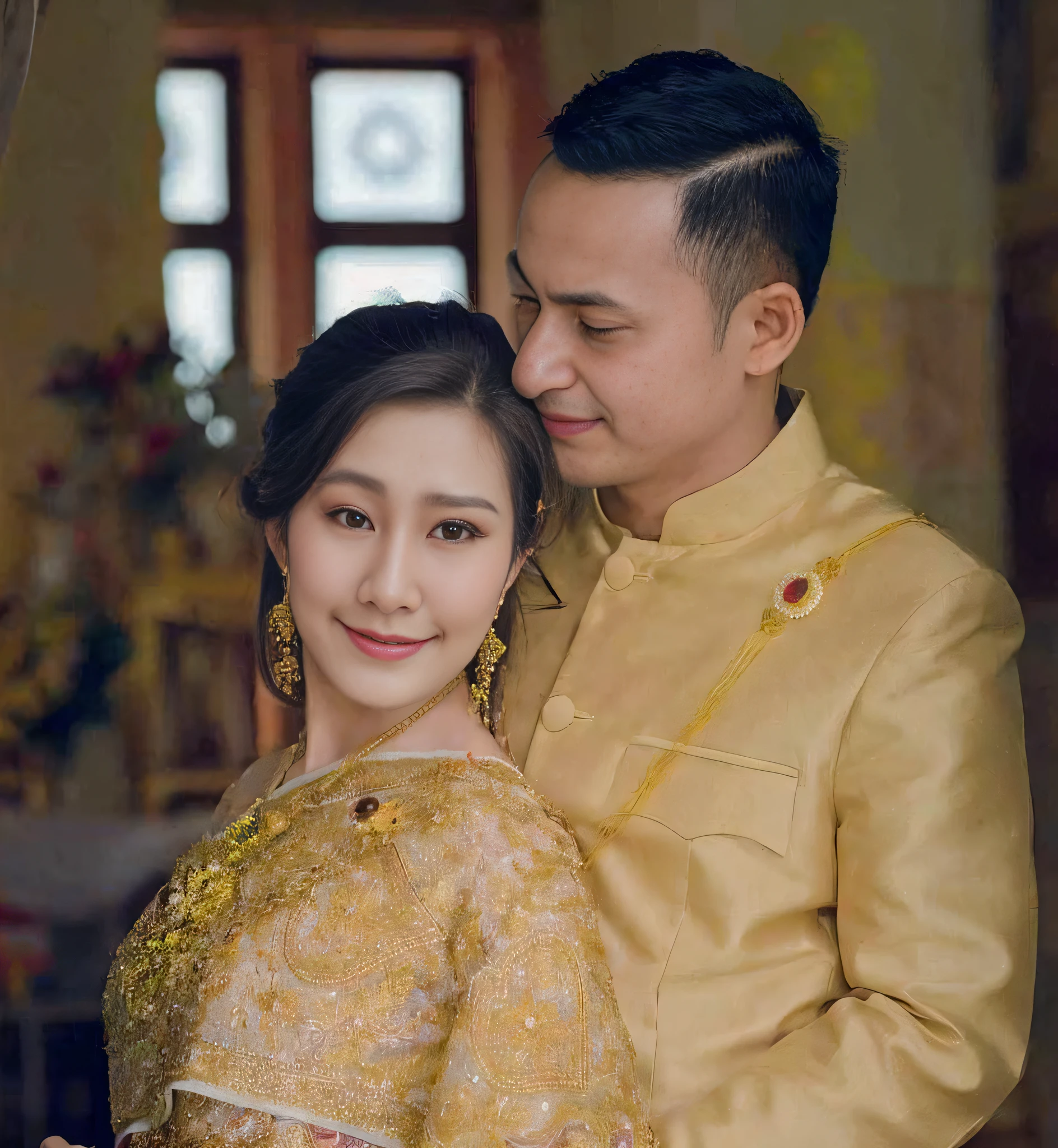 araffes a man and a woman in traditional clothing posing for a picture, lovely couple, couple, sukhothai costume, traditional, patiphan sottiwilaiphong, happy couple, wedding photo, nivanh chanthara, 4k post, 4 k post, patiphan sottiwilai, traditional clothes, traditional beauty