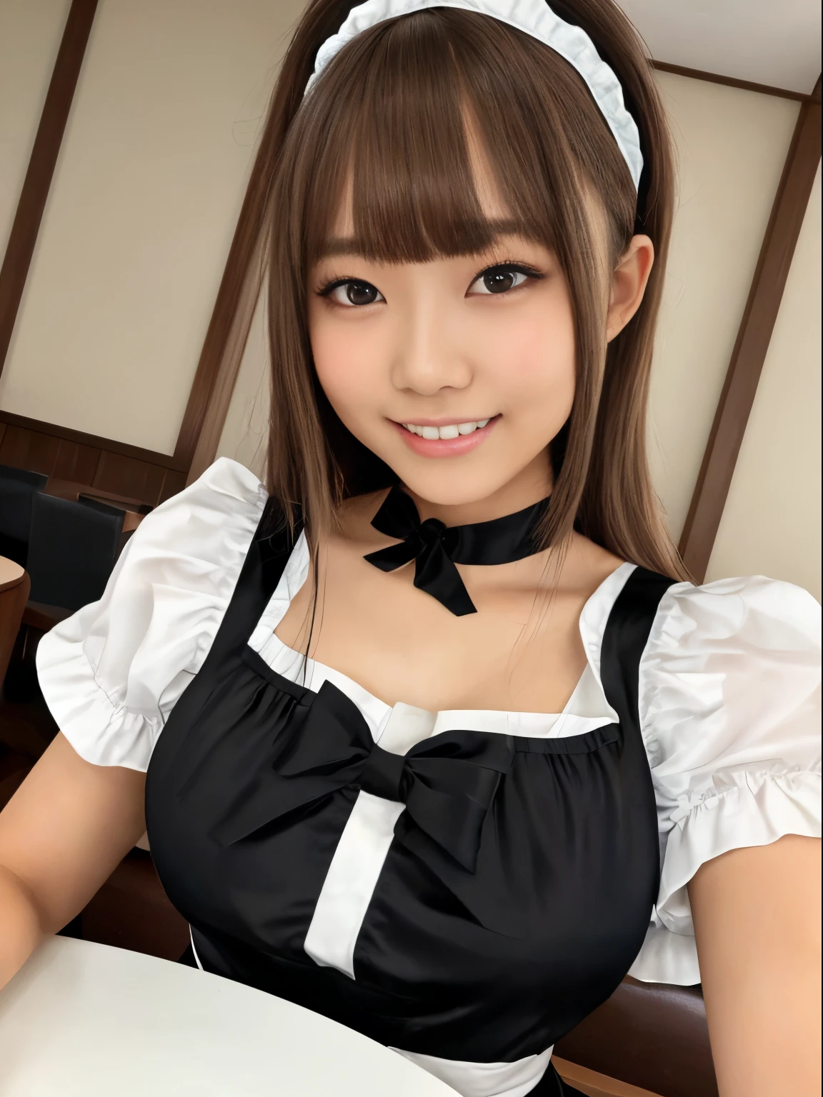 masterpiece, 1 girl per 1 photo, upper body shot, directly front view, a Japanese young pretty woman, wearing a short sleeve satin silky black cute maid costume in the cafe with a big smile, wearing a white frilled headband, a white frilled apron, a black choker, glamorous figure, hyper cute face, glossy lips, sweaty body, double eyelids in both eyes, Natural makeup, long eyelashes, shiny smooth light brown hair of long bob hair, asymmetrical bangs, tanned skin, central image, 8K resolution, high detail, detailed hairstyle, Detailed Face, spectacular cinematic lighting, octane rendering, vibrant, hyper realistic, perfect limbs, perfect anatomy