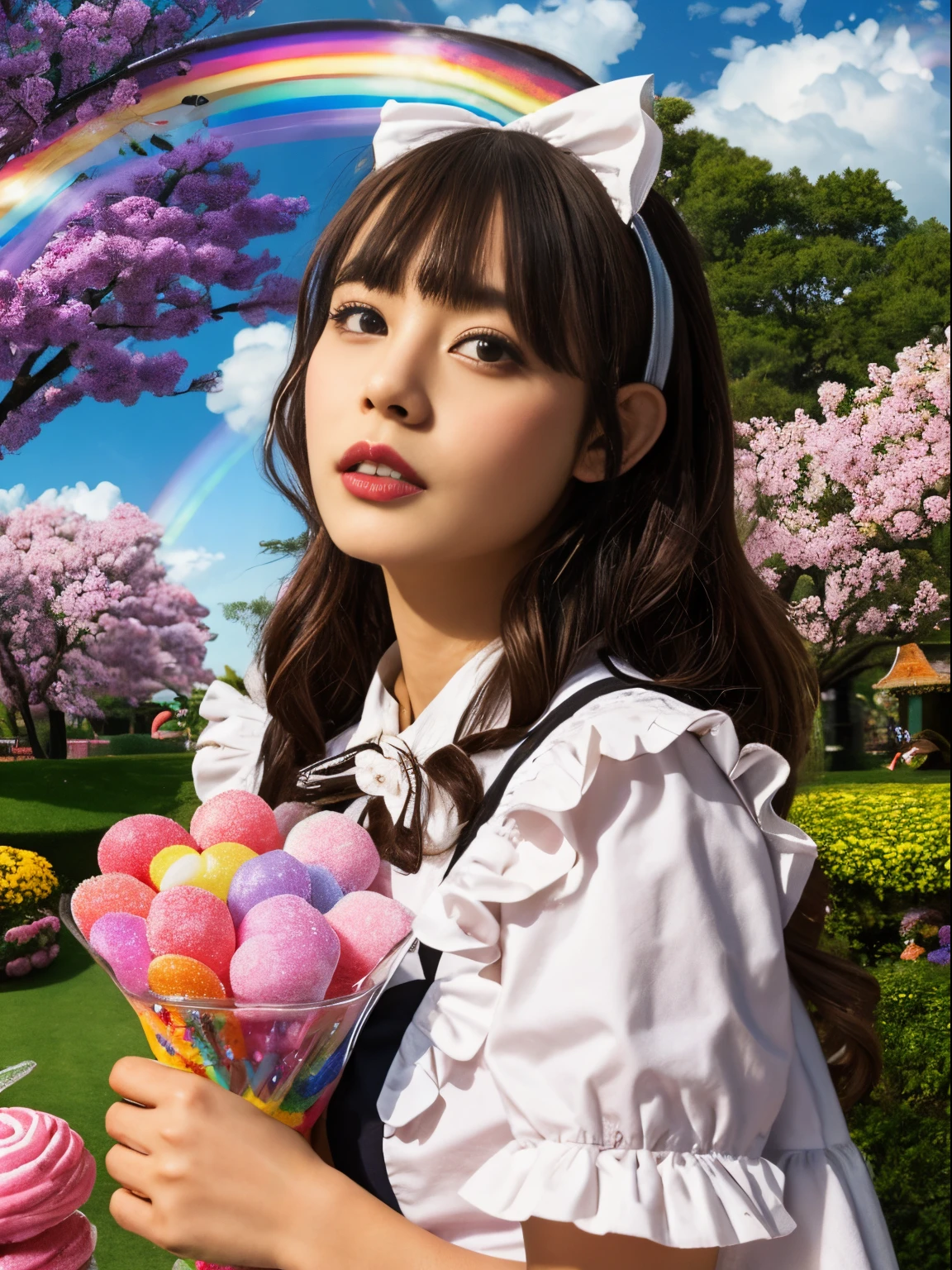 1 Girl, Solo: 1.6), (Best Impact: 1.5), (Maximalism: 1.7), Vivid Contrast, (Realistic), Ultra-Realistic Illustration, Hi-Res, Ultra-Detailed, Absurd, Classic ta, Loliolita M 1.4), Himekat, Extravagant Ruffles, Straight Hair, Multicolored Hair, Dull Bangs, Intricate Patterns, Sweet Gothic Lolita, Ruff cute, gothic decoration, (Wonderland, Fantasy, : 1.3), (Rainbow, Flower Tree, Sweets Cloud: 1.5), (Yumekawa, Yumekawa, Pastel Colors: 1.3), (Sweets Garden: 1.3), (Sweets Country, Confectionery, Rainbow Arch: 1.3), (Sugar Candy, Round Rainbow Frame: 1.3), flowers, blue sky,
