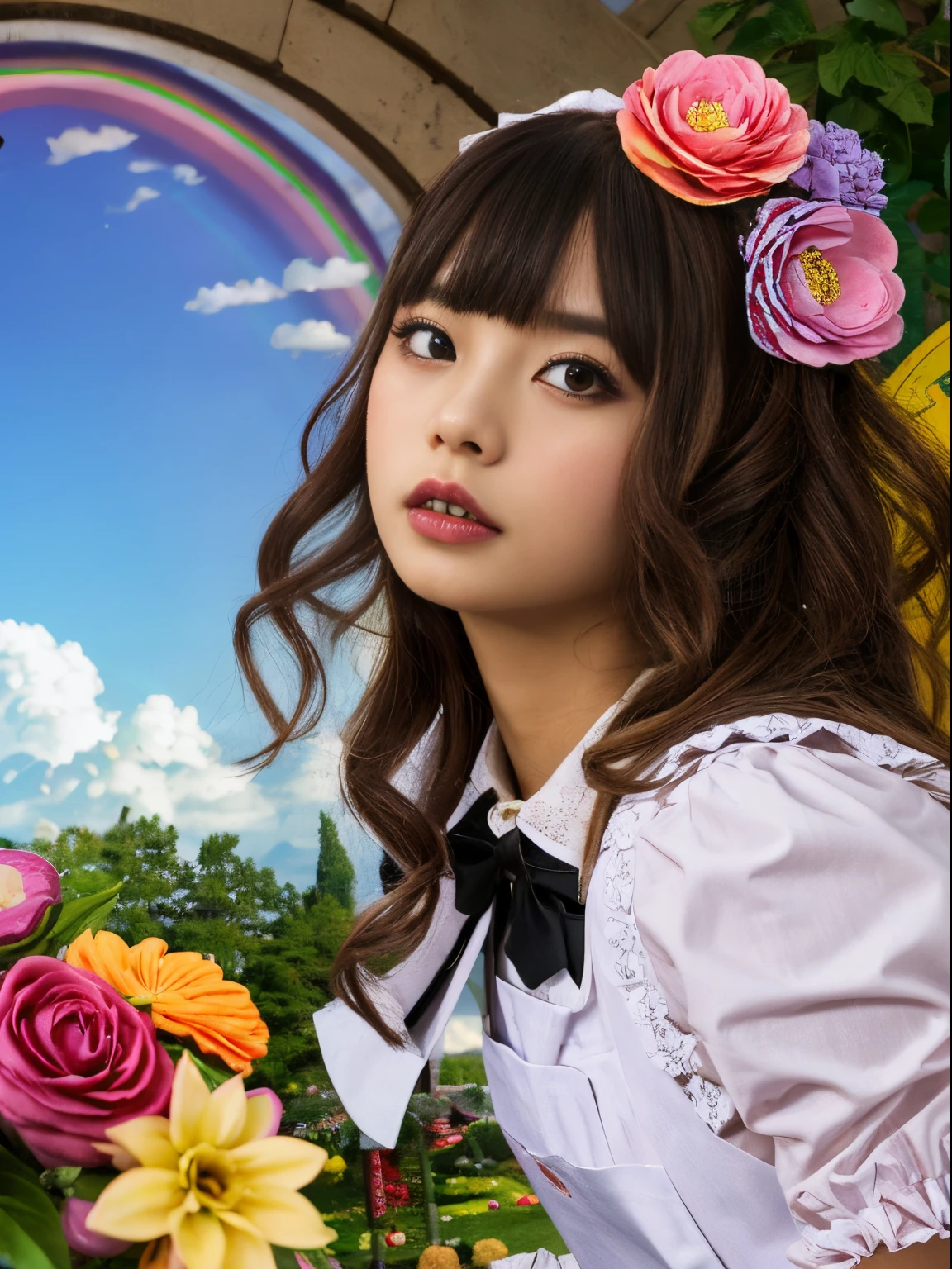1 Girl, Solo: 1.6), (Best Impact: 1.5), (Maximalism: 1.7), Vivid Contrast, (Realistic), Ultra-Realistic Illustration, Hi-Res, Ultra-Detailed, Absurd, Classic ta, Loliolita M 1.4), Himekat, Extravagant Ruffles, Straight Hair, Multicolored Hair, Dull Bangs, Intricate Patterns, Sweet Gothic Lolita, Ruff cute, gothic decoration, (Wonderland, Fantasy, : 1.3), (Rainbow, Flower Tree, Sweets Cloud: 1.5), (Yumekawa, Yumekawa, Pastel Colors: 1.3), (Sweets Garden: 1.3), (Sweets Country, Confectionery, Rainbow Arch: 1.3), (Sugar Candy, Round Rainbow Frame: 1.3), flowers, blue sky,
