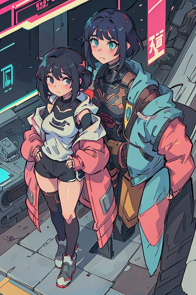 anime girl in short shorts and jacket standing next to giant robot, artwork in the style of guweiz, cyberpunk anime girl mech, trending on cgstation, guweiz, by Russell Dongjun Lu, digital cyberpunk anime art, ross tran 8 k, guweiz on artstation pixiv, girl in mecha cyber armor