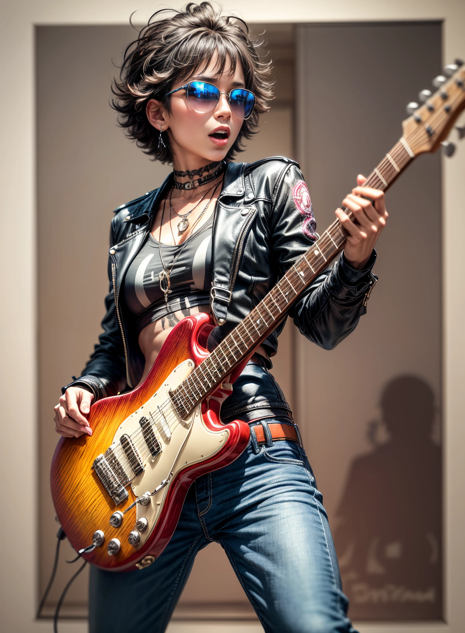 (best quality,4k,highres,masterpiece:1.2),ultra-detailed,poster,retro,70's Rock and Roll Singer,short black hair,sunglasses,skinny body,dark jeans,pants,belt,plays white and black guitar,full body,vibrant colors,,dynamic pose,engaging expression,hippie fashion,tattoos,dancing to the beat,rock and roll spirit,musician's passion,iconic style,stage presence,electric guitar riffs+