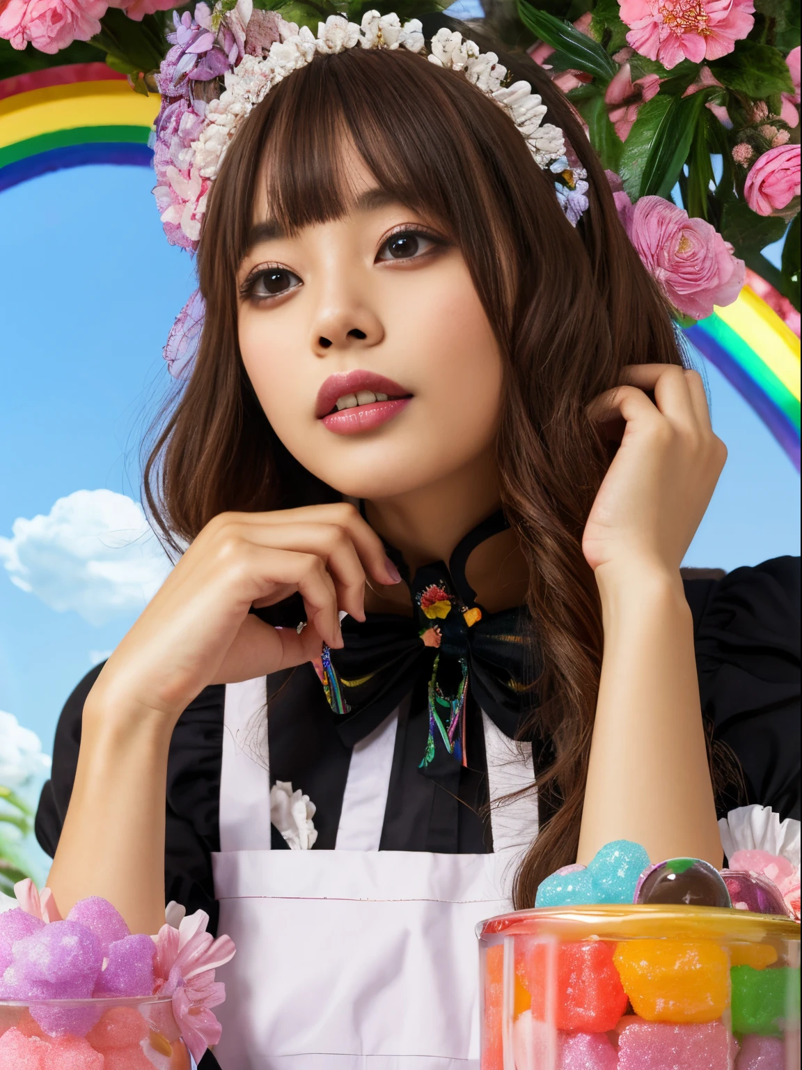 1 Girl, Solo: 1.6), (Best Impact: 1.5), (Maximalism: 1.7), Vivid Contrast, (Realistic), Ultra-Realistic Illustration, Hi-Res, Ultra-Detailed, Absurd, Classic Lolita, Loli, (Lolita Maid: 1.4), Himekat, Extravagant Ruffles, Straight Hair, Multicolored Hair, Dull Bangs, Intricate Patterns, Sweet Gothic Lolita, Ruffles, cute, gothic decoration, (Wonderland, Fantasy, : 1.3), (Rainbow, Flower Tree, Sweets Cloud: 1.5), (Yumekawa, Yumekawa, Pastel Colors: 1.3), (Sweets Garden: 1.3), (Sweets Country, Confectionery, Rainbow Arch: 1.3), (Sugar Candy, Round Rainbow Frame: 1.3), flowers, blue sky,