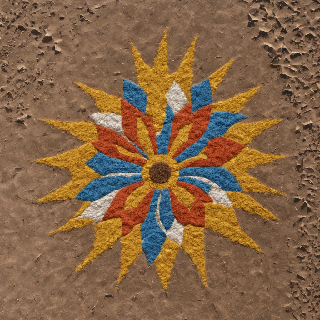 ((Nazca Lines)):Nazca Lines with sunflower motif,on a flat desert surface、A picture of a sunflower drawn with colored gravel,Sun flower、Sun flower、florals,Geoglyphs seen from the sky,Mystical,Beautiful fece,​masterpiece,a cool,sunflower drawn with lines