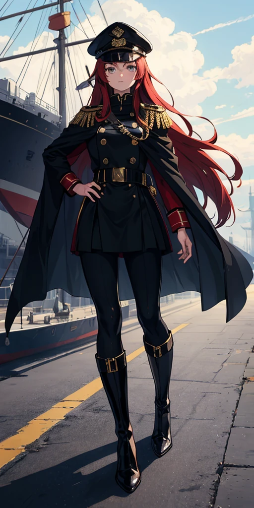 girl, long red hair, captain, black uniform, full body, black pants, gold rank insignia, long black boots, captain's hat, on ship, long black cloak, skirt