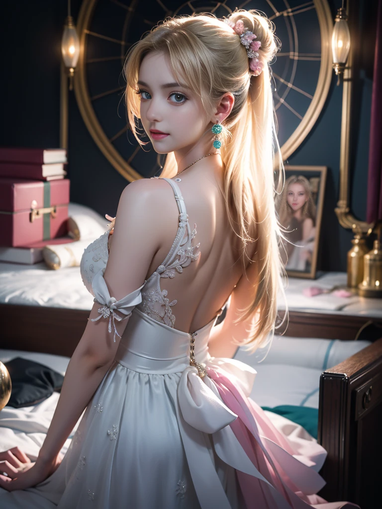 tmasterpiece，Highest image quality，super detailing，Best quality ,Extremely Delicately Beautiful, Very meticulous,Best quality, offcial art, extremely detaild的 CG unified 8k wallpapers, Ana de Armas portrait photo, blond hair blue eyes，Radiant skin and radiant eyes:1.1), pretty skin, lamplight, (Detailed lighting:1.2), (Beautiful and detailed light:1.3), Nice business suit, deep understanding, The beautiful, iintricate, digitial painting, smooth private parts, Focus sharp, The end of the world, Epic reality, (HighDynamicRange:1.4), captivating curves，(pastel colour:1.4), Bigchest，apocalyptic, giving up, com cores neutras, natta, Screen space refraction, (Complicated details, ultra - detailed:1.3), Dream Catcher Necklace，art  stations, Cinema lenses, vignet, the complex background, buliding，Enchanted smile，detailed back ground，Dream catcher earrings in various colors，white colors，in pink，purpleish color，red colour，blue colors，orange colors，green color，cyan colors，），