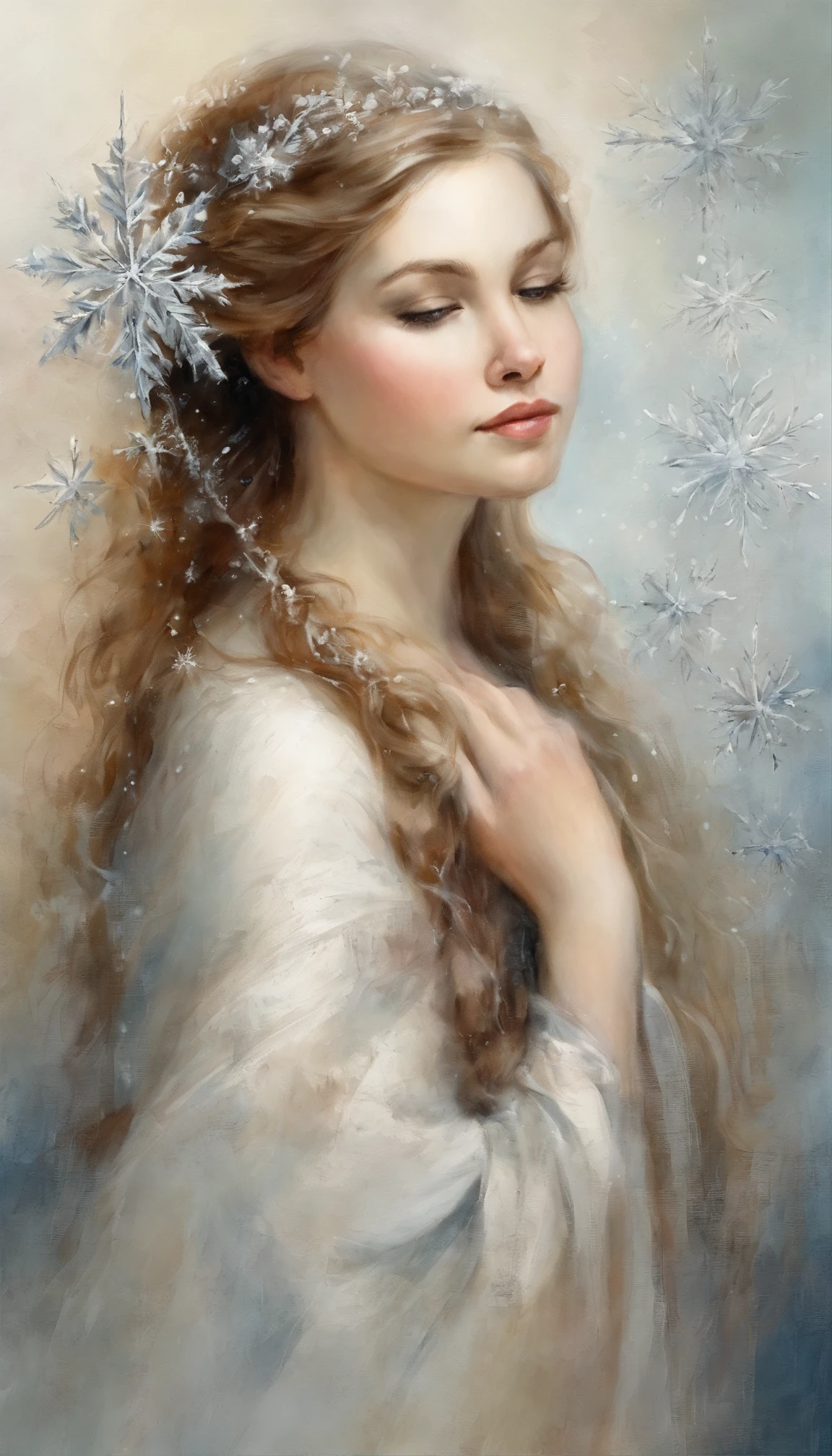 1girl,Create an enchanting scene where a delicate and beautiful young girl is immersed in the radiance of a glistening snowflake. Illustrate her offering heartfelt prayers with a sense of serene devotion, surrounded by the intricate details of the crystalline structure. Convey the quiet magic of the moment, emphasizing the sparkling allure of the snowflake and the girl's tranquil connection with the divine.masterpiece,