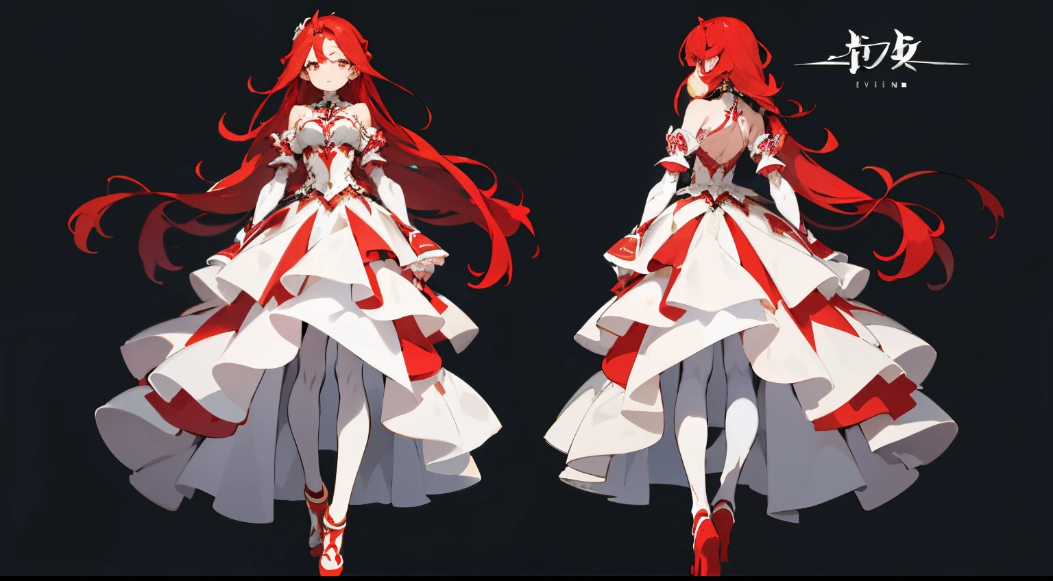 （tmasterpiece，Best quality）Multiple views of the same character wearing the same costume, triple landscape，Whole-body proportions，white backgrounid, Character concept，Girl with red hair，be full of details