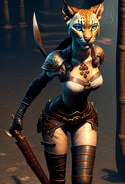 (Kajiit:1)(Assassin:1), (adult woman:1.33), standing, full body, leather boots, dark pants, dark gloves, dark uniform, medieval knight armor, single character concept art ((solo)), RPG fantasy medieval illustration, ((lower body revealed from thighs to feet)), ((legs revealed from thighs to feet)), ((no background_with a pure white background)), ((simple background)), a seductive fitness woman, charming perfect sexy figure, sexy seductive, ideal body shapes, body glare, big thighs, beautiful cute face, pretty detail eyes, blue colored eyes, beautiful detailed lips, extremely detailed eyes and face, fighting facial expression, khajiit girl beautiful, anthropomorphic lynx girl, lynx ears, spotted white-like skin color, skin color-dark