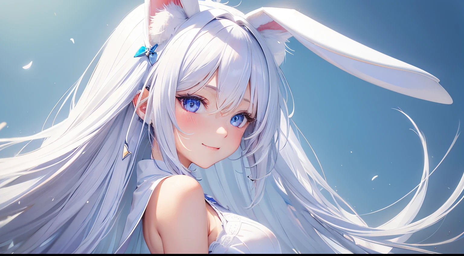 best quality, details, light blue eyes!, make cute white hair 22years old girl smiling with white bunny ears band, straight hair, sfw small breasts, sfw profile picture, soft beautiful purple background