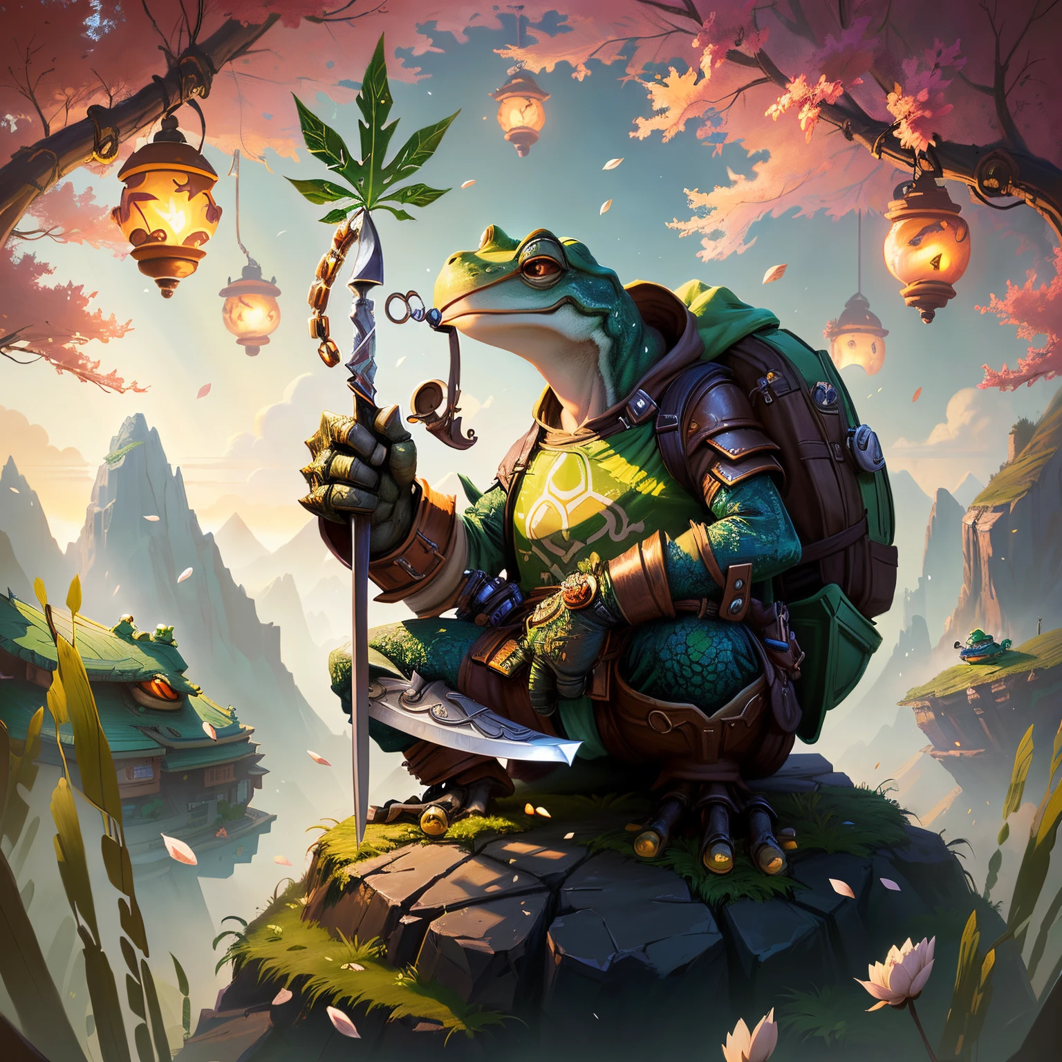 there is a frog that is holding a knife and a leaf, anthropomorphic turtle hero, hearthstone card game artwork. ”, cyril rolando and goro fujita, official splash art, valve promotional splash art, hearthstone official splash art, key art, hearthstone splash art, hearthstone card game artwork, hearthstone card art, hearthstone art, hearthstone artwork