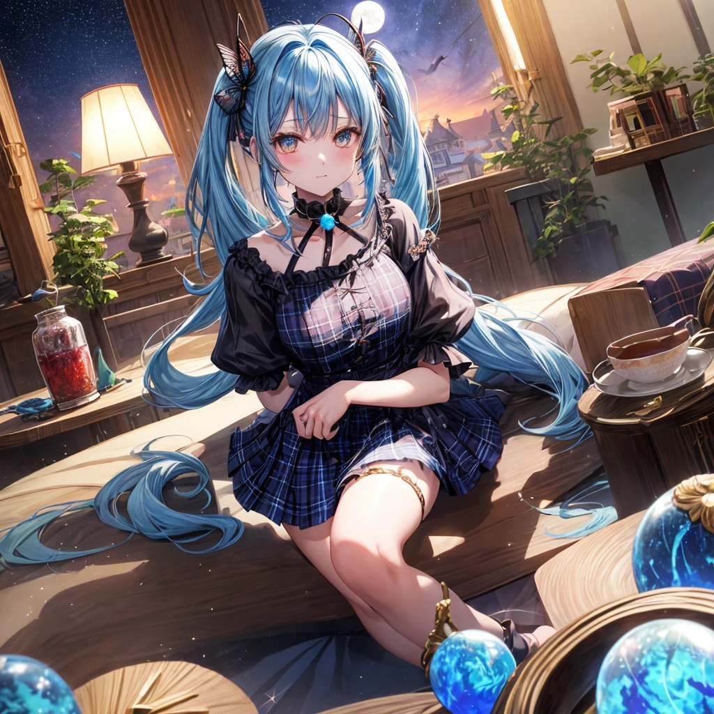 Blue hair、poneyTail、verd s eyes、one good looking girl、独奏、animesque、lightly dressed、Plaid miniskirt、a black T-shirt、fullmoon、Meteor swarm、large tree、Glittering starry sky、rainbow butterfly flying、Colorful marbles、sitting on、golden castle、thread、Skysky、inside in room、Tea、rose house