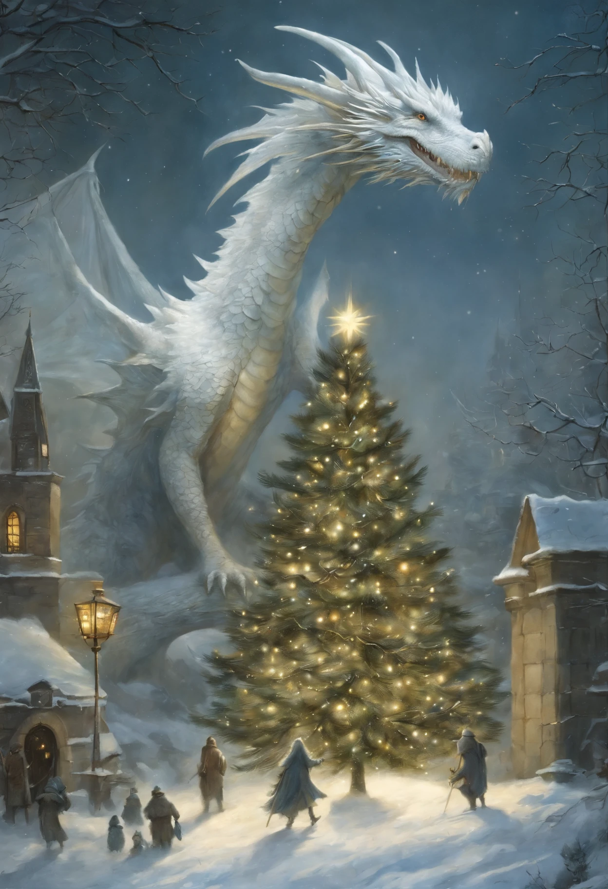 真实感, dark fantasy style, John Tolkien style, Small painting by Jean-Baptiste Monge, winter, Snow is falling, huge Elea, a huge white dragon in the center lights up a star on the Christmas tree, area,dragon hugs the Christmas tree, large white dragon with a golden crest - boy, anatomically correctly drawn body, Looks like an ancient dragon, The city, megalopolis, city trail, Big Christmas tree, glass skyscraper, Jean-Baptiste Monge, anthropomorphic --ar 2:3 --testp -optimistic;