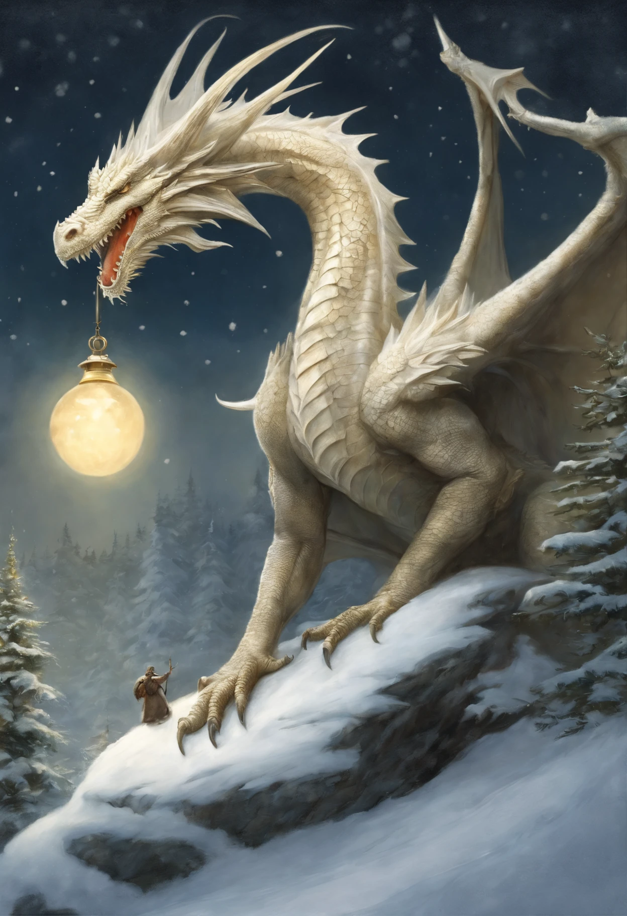 真实感, dark fantasy style, John Tolkien style, Small painting by Jean-Baptiste Monge, winter, Snow is falling, huge Elea, a huge white dragon in the center lights up a star on the Christmas tree,  area,dragon hugs the Christmas tree, large white dragon with a golden crest - boy, anatomically correctly drawn body, Looks like an ancient dragon, The city, megalopolis, city trail, Big Christmas tree, glass skyscraper, Jean-Baptiste Monge, anthropomorphic --ar 2:3 --testp -optimistic;