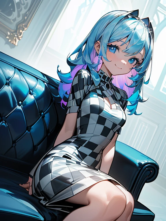 ((​masterpiece、top-quality:1.5、a high chroma:1.5、ultra-detailliert、high-resolution illustrations:1.5、Ultra-high-definition CG、8k size wallpaper、offcial art))、,(highly colorful:1.5),(front view:1.8),(1girl),(Cute little girl s:1.5)、(Shining blue eyes:1.5),(Beautiful face:1.5,Beautiful eyes:1.5)、(close to viewer:1.5),(sit in sofa:1.5),
( smile:1.3)、(sexy body),(black and white checkered dress:1.5), (Beautiful black and white dress in every detail),(high heel boots),(medium breasts:1.5),,(Shining blue eyes:1.8)、(cowboy shot:1.5)、(),colourful dress ,Fantasy,​​colourfull、