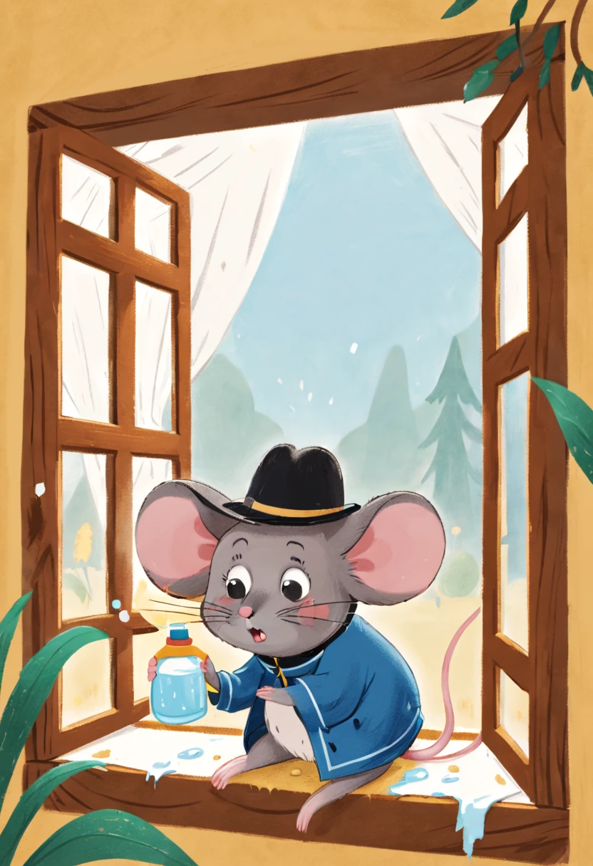 (((cute_mouse) cleaning_a_window) comic_book illustration)