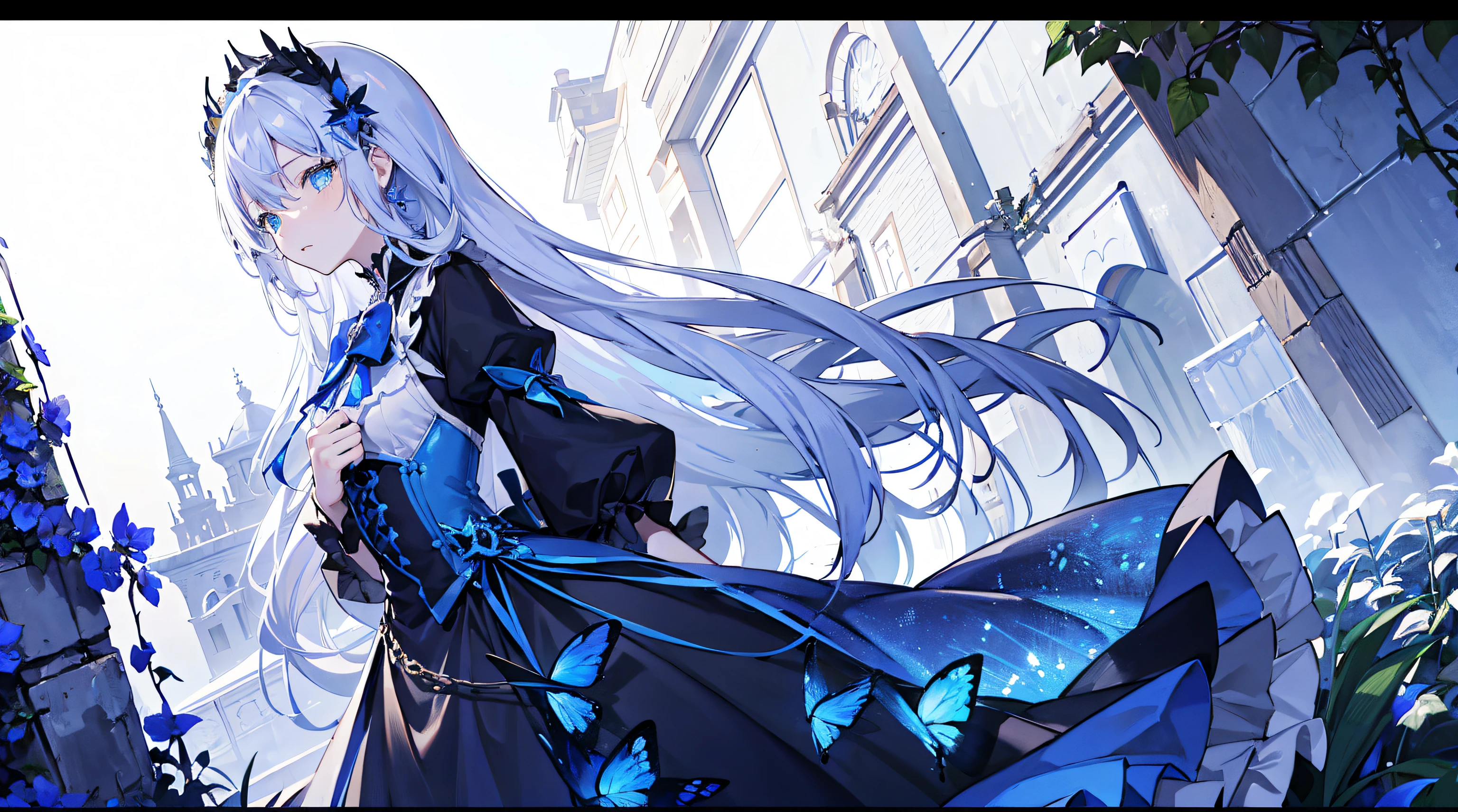 ((tmasterpiece:1.4,Best quality at best))+,(hyper-detailing)+,(Ultra-detailed eyes)+, (Elegant 1 girl),blue color eyes:1.15),white color hair,Very long hair,(wariza:1.2),pale-skinned,shut up,grieves, (She wore a dress made of entangled blue vines:1.5),(flatchest:1.2),(vine dress:1.4),(Dress made of vine:1.2),(Surrounded by vines:1.4), (be desperate:1.3),Gotik, (Blue vines:1.3),leafs,(Vine tree:1.1),Flying blue butterfly (dawn light:1.2), (Thick black and white:1.16),(depth of fields:1.4),