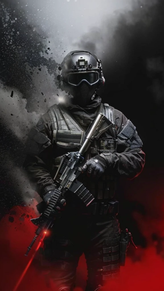 A man dressed in black holding and red light,  CQB, RB6S), special ops, fps shooting game, RB6S, RB 6 s, monochrome and red color bleed, FPS games, Military photography, HQ 4K wallpaper, french special forces, game promotional poster, warzone background, helghast, close combat