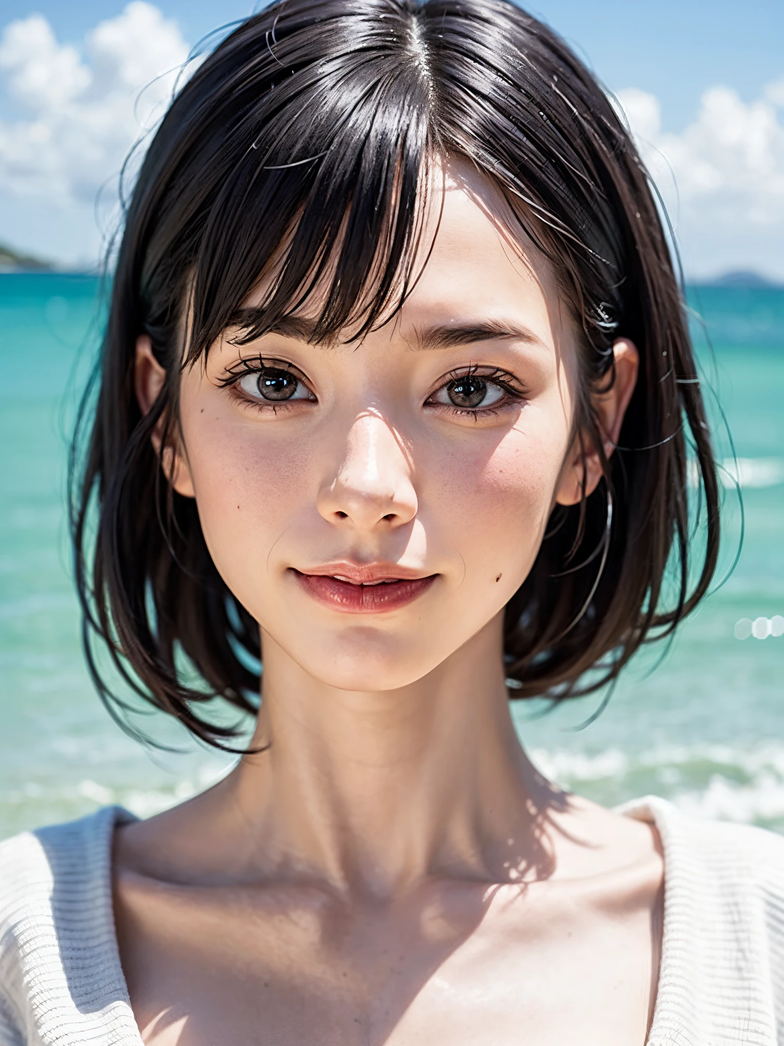 女の子1人、top-quality、realisitic、report、depth of fields、natural soft light、during daytime、魅惑的、beauitful face、Cleanliness、Pure face、de pele branca、cute hawk hair、bangss、the beach、rays of sunshine、Nedium Breast Body Esbian、((Beautiful face with sweater golden ratio Beautiful face with symmetry))、long neck、Put your ears out、Clean short bob hair with bangs、Smile with your mouth closed:1.4、Smile with your mouth closed:1.4、Perfect fingers、perfect hand、Perfect body、face perfect、Shine a light into the eyes、Perfect Anatomy:1.4、very cute super model:1.4