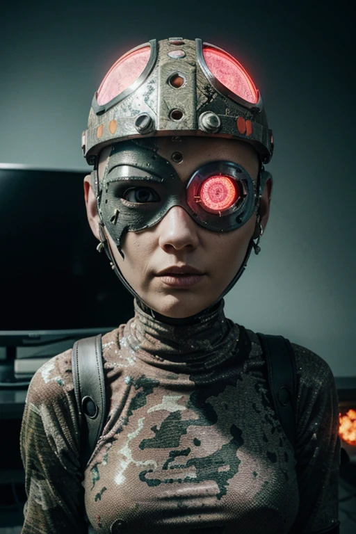 A Modern flat toon Crazy whit a Big ONE a Only Eye Robot and helmet Style, tongs in hands, Tv head, pinhead, camouflage PINK Rusty, Ambient in a meteorite crater super detailed, center, beautiful, soft lighting, focused on the character, 4K resolution, photorealistic rendering,