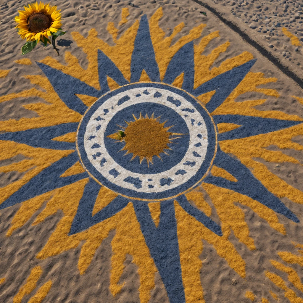 ((Nazca Lines)):Nazca Lines with sunflower motif,on a flat desert surface、A picture of a sunflower drawn with colored gravel,Sun flower、Sun flower、florals,Geoglyphs seen from the sky,Mystical,Beautiful fece,masterpiece,a cool,sunflower drawn with lines
