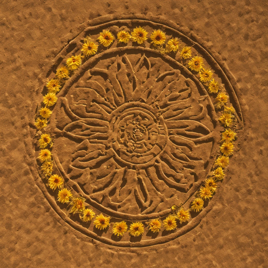 ((Nazca Lines)):Nazca Lines with sunflower motif,on a flat desert surface、A picture of a sunflower drawn with colored gravel,Sun flower、Sun flower、florals,Geoglyphs seen from the sky,Mystical,Beautiful fece,​masterpiece,a cool,sunflower drawn with lines