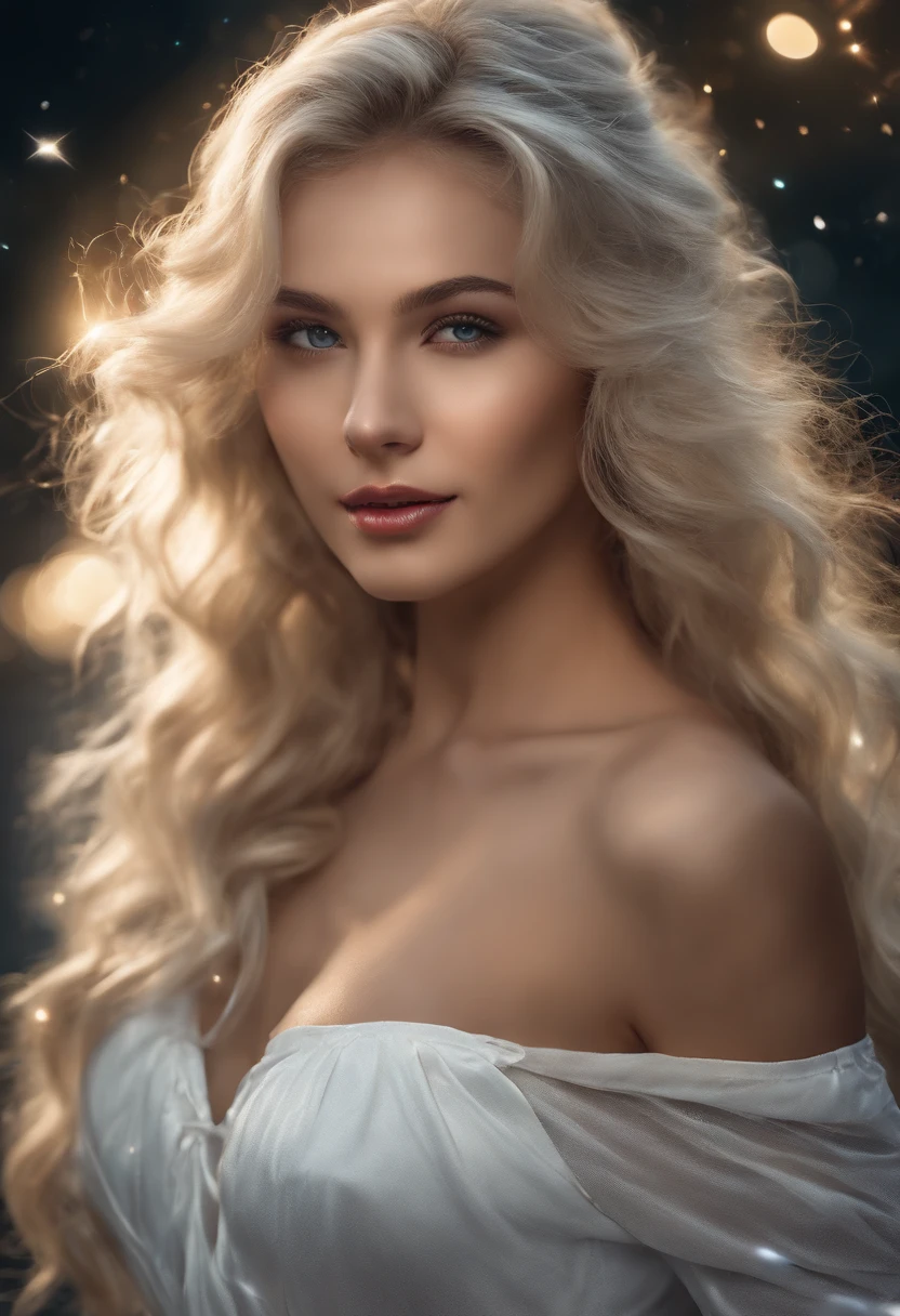((White wolf and girl)), (huge wolf), (huge white wolf guards a beautiful girl), movement, running, running along the milky way, blue eyes, White wolf fur glows with silver sparks, (Young girl, Very young), 16 years old, (NSFW), blue eyes, hourglass figure, large breasts, wide buttocks, blonde goddess, seductive grin, smile, beautiful face, perfect white-haired girl, lips parted, blue eyes, blonde, very long curly hair , transparent clothes, transparent air payment, Silver collar, Silver belt, Silver sandals, Contented posture, cute seductive smile, beautiful blonde, Nice young girl, Nice viewing angle, Attractive pose, Cute girl, sexy pose, gorgeous blonde, Full image height, Full-length image, ((Orion Nebula background)), Starry sky background, Two moons, Orion Nebula, milky way at feet, professional, (4k photo:1.1) in front, (sharp focus:1.3), high level of detail , cabbie (Low shirts:1.2), Beautiful detailed face, brown eyes, long blonde hair, (attractive young woman:1.3), (seductive:1.1), (Paint:1.1), (masterpiece: 1.5) (photorealistic: 1.1) (bokeh) (best quality) (Detailed skin texture, Pores, hair: 1.1) (intricate) (8K) (HDR) (Wallpaper) (cinematic lighting) (Sharp focus)
