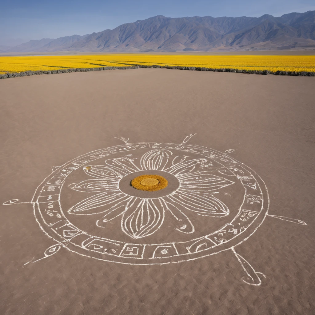 ((Nazca Lines)):Nazca Lines with sunflower motif,on a flat desert surface、A picture of a sunflower drawn with colored gravel,Sun flower、Sun flower、florals,Geoglyphs seen from the sky,Mystical,Beautiful fece,masterpiece,a cool,sunflower drawn with lines